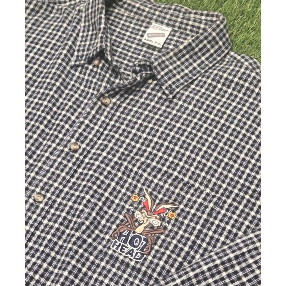 Vtg 90s Warner Bros Looney Tunes Wile E Coyote Hot Head Plaid Shirt Mens XXL